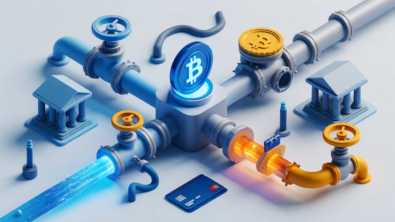 3D diagram showing Bitcoin flowing through withdrawal channels