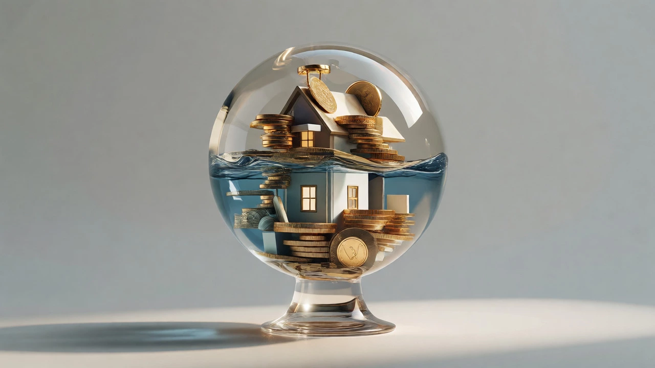 A glass sphere containing a house weighed down by layers of gold, art, and water.