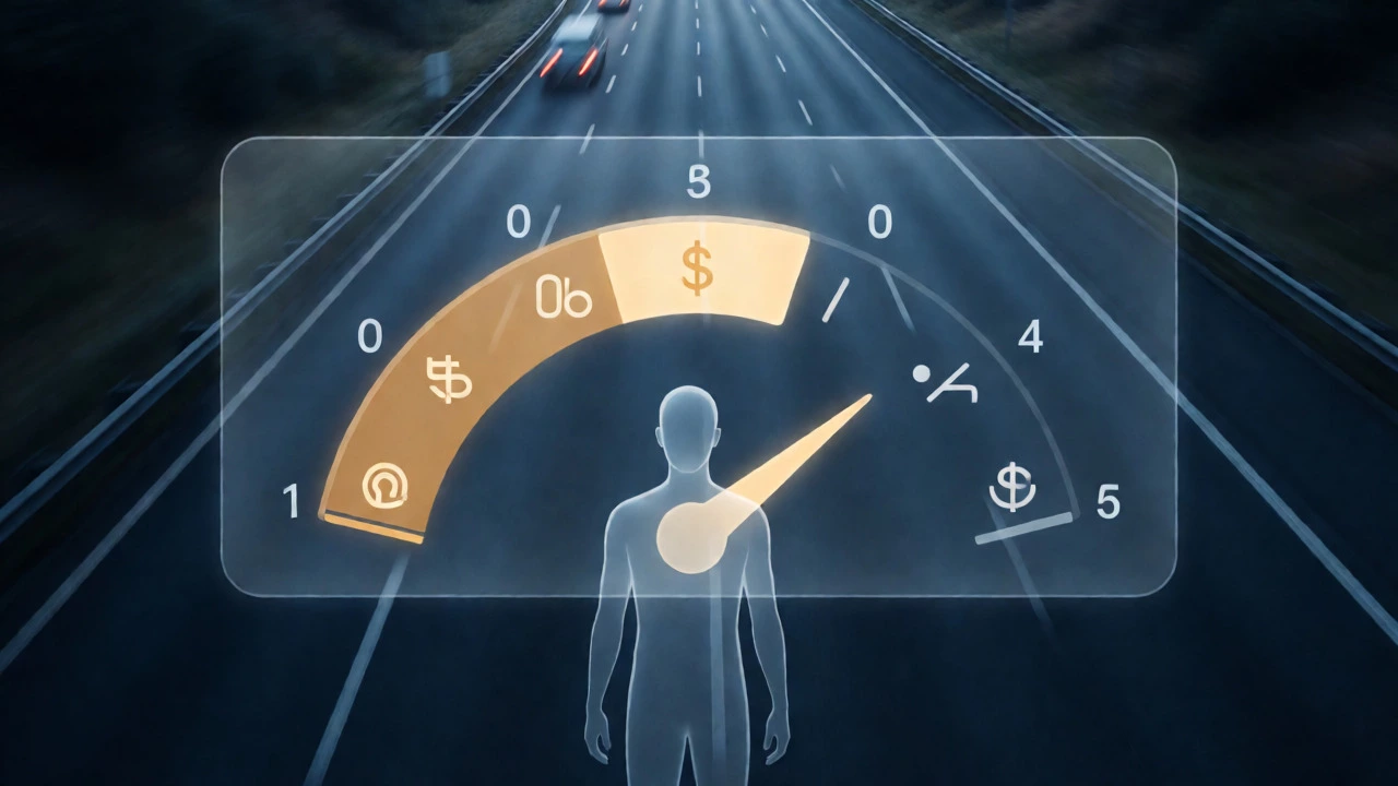 Abstract visualization of a life journey fuel gauge indicating sustainable retirement funds.