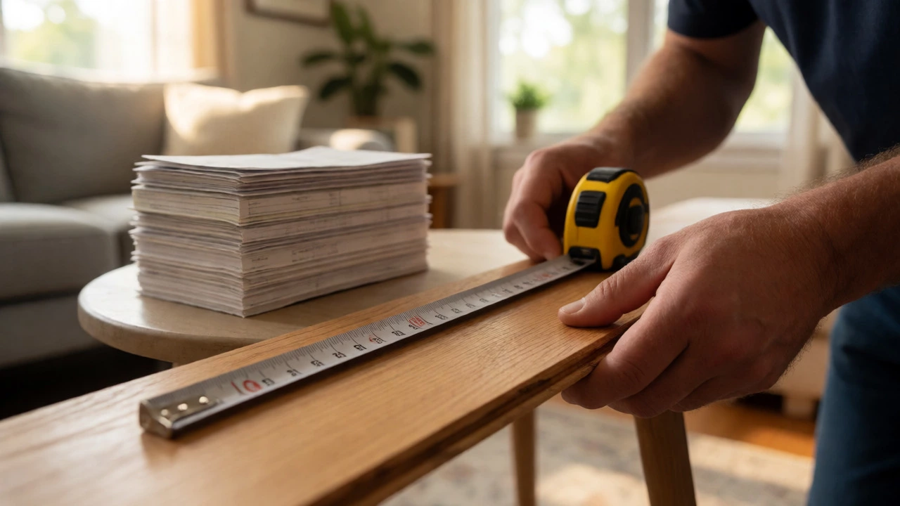 Appraiser measuring floors with receipts nearby in a living room.
