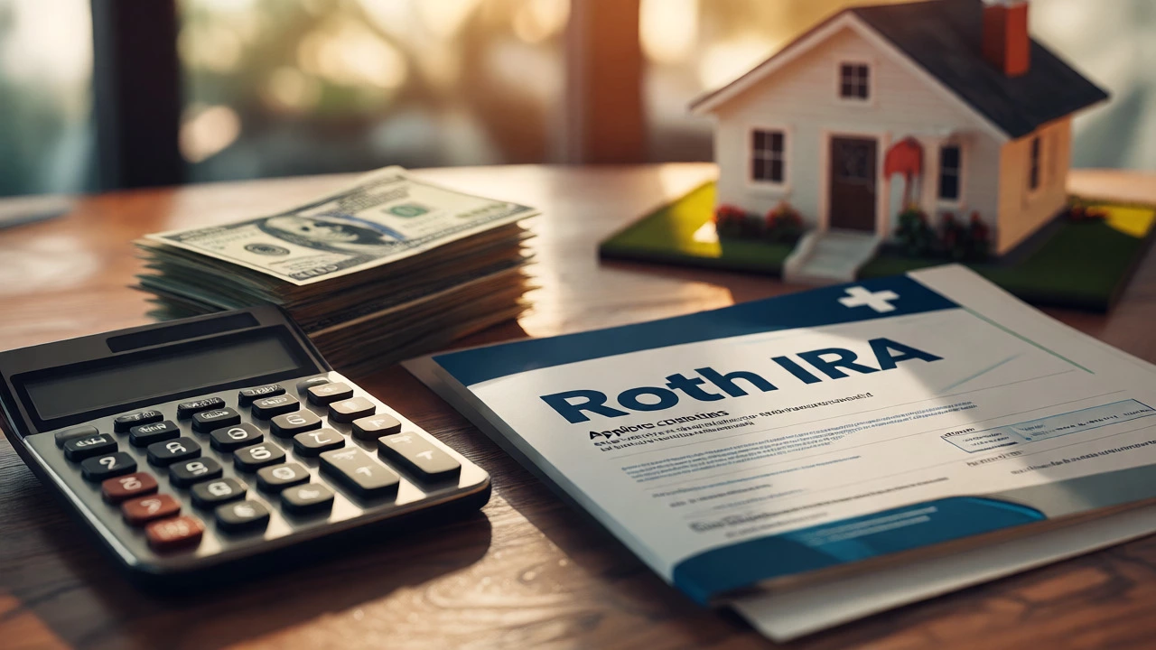 Close up of US retirement savings documents and cash with blurred home and health icons