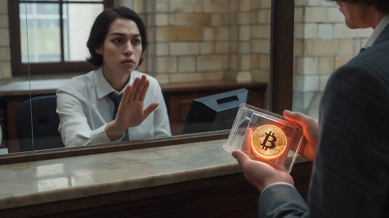 Customer facing skeptical bank teller with frozen Bitcoin