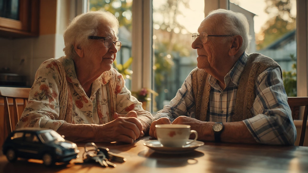 Elderly couple contemplating home equity options over tea