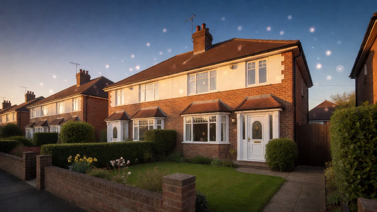 Exterior of a UK home at sunset with abstract digital value overlays.