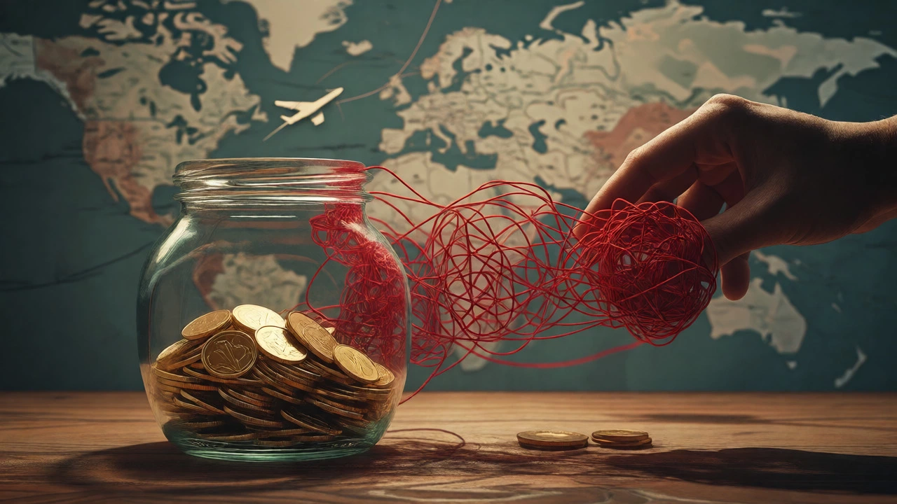 Glass jar of gold coins tangled in red threads symbolizing expat tax complexities