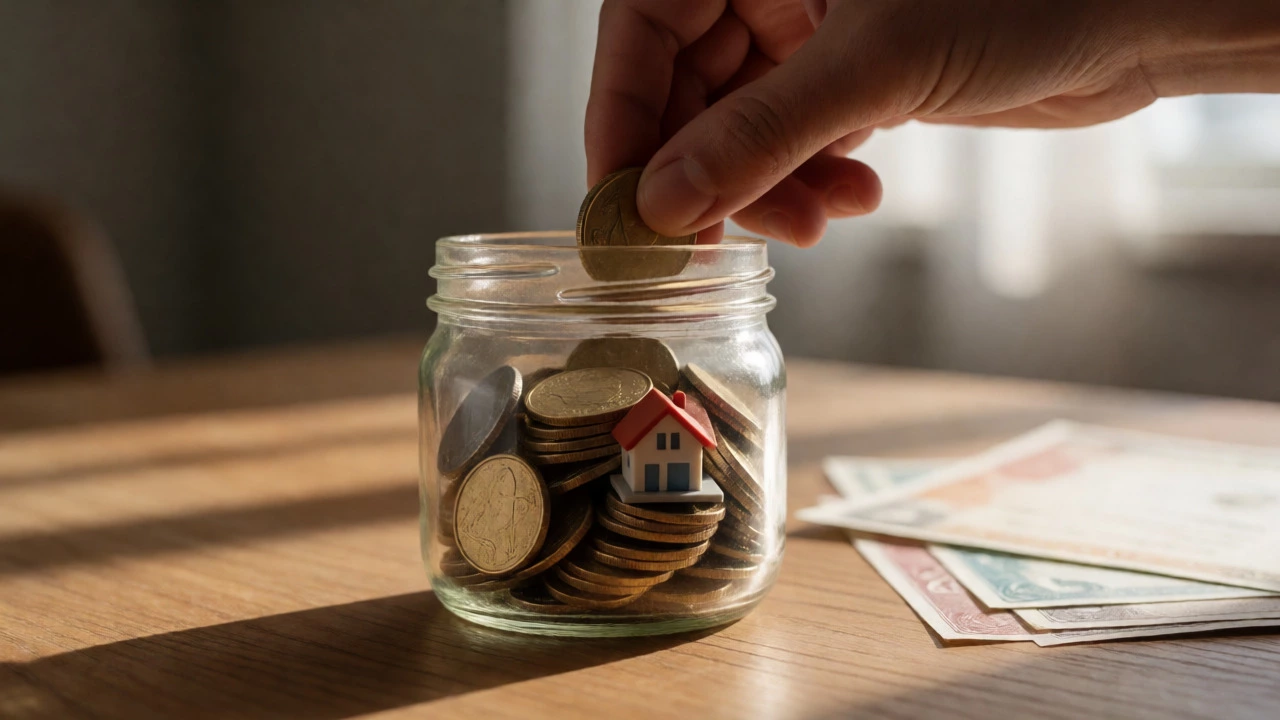 Hand placing gold coins into a savings jar alongside abstract asset representations.