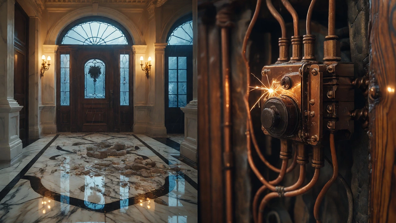 Hurricane winds batter a marble foyer while water damages an old Victorian electrical panel.