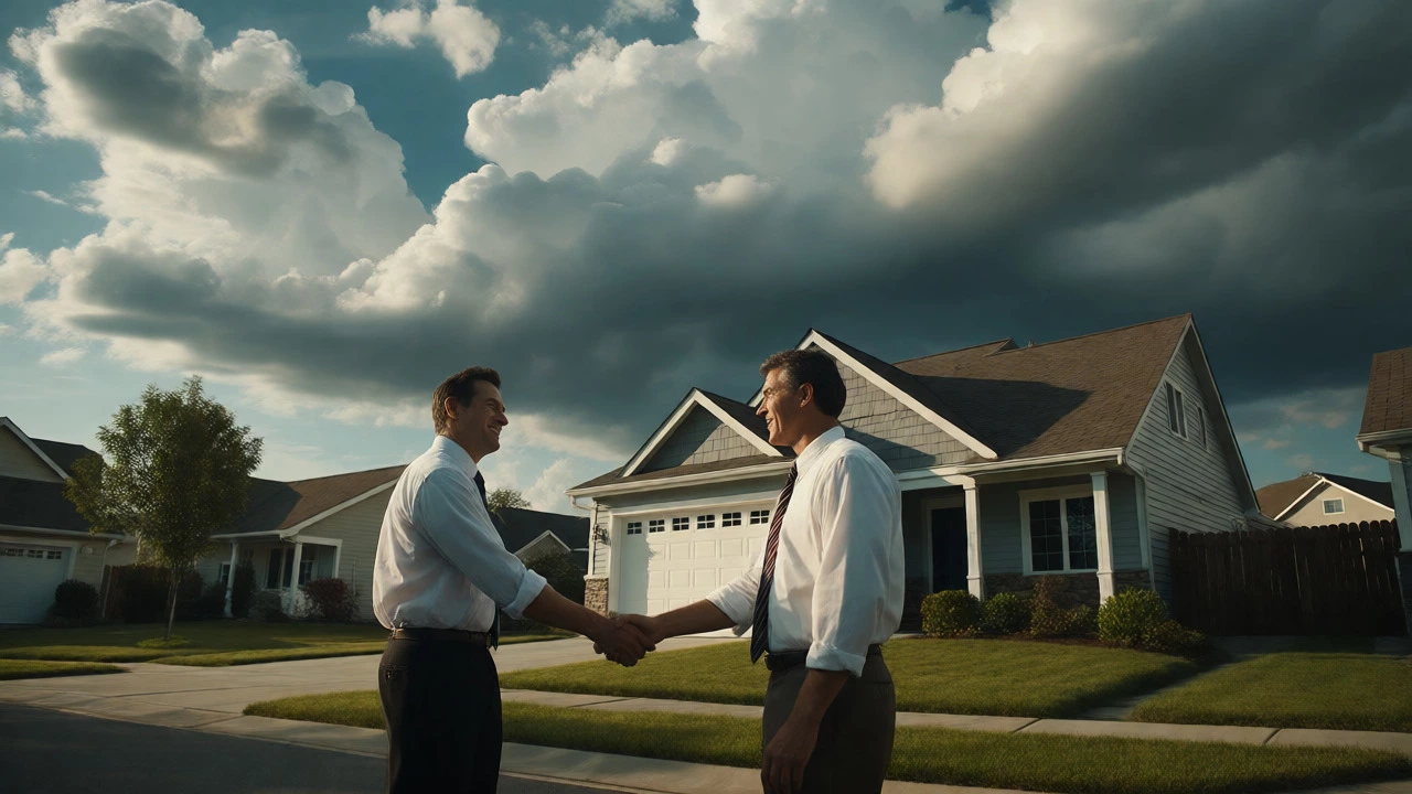 Insurance agent shaking hands with homeowner before a storm approaches