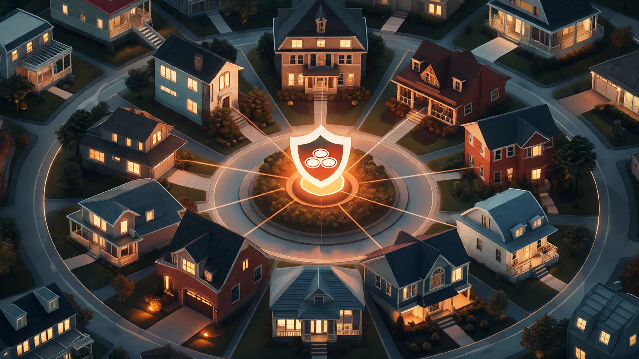 Isometric conceptual map of various home types surrounding a central insurance shield.