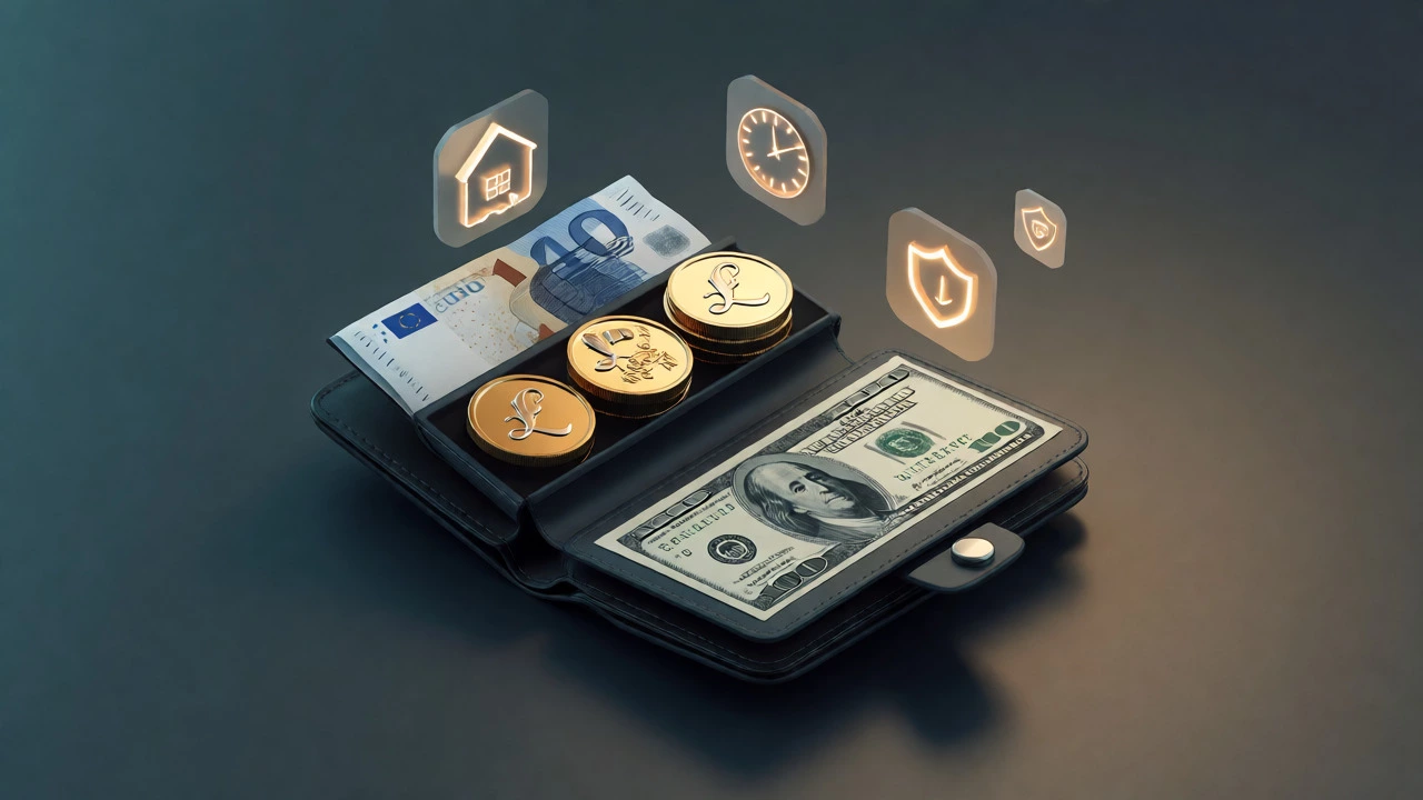 Isometric view of multi-currency wallet with icons