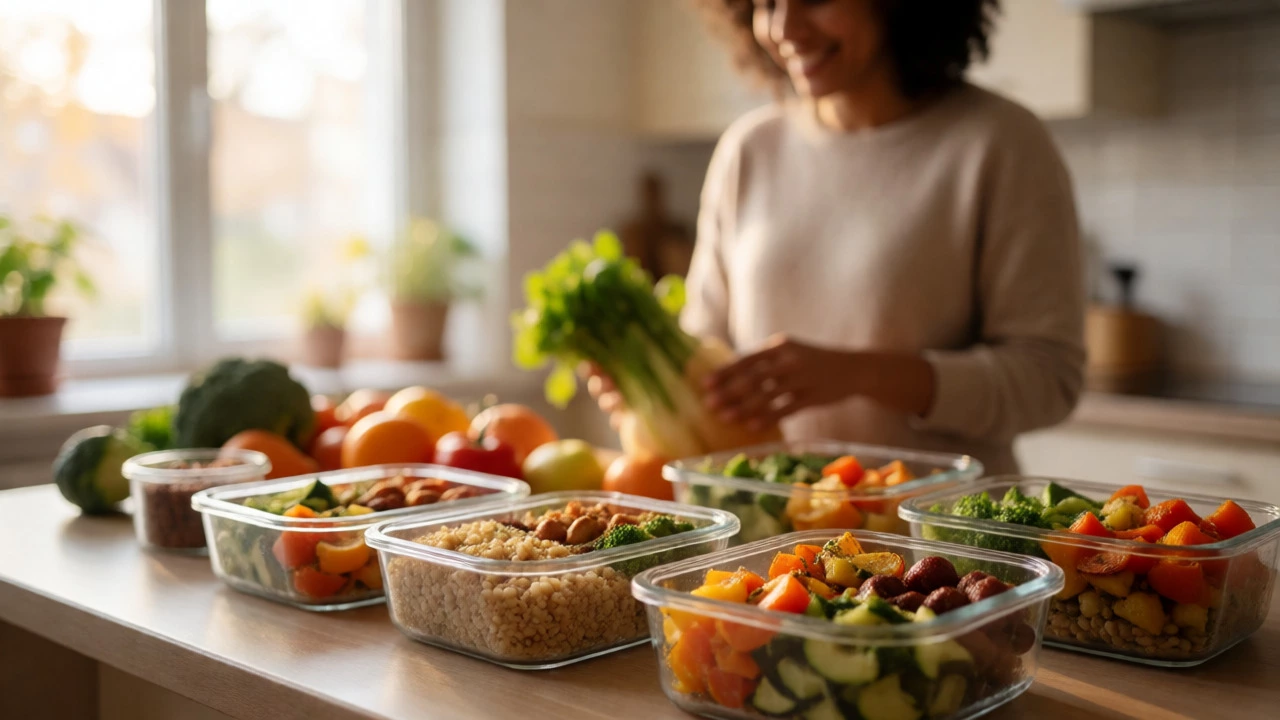Kitchen counter filled with prepared healthy meals in glass containers for weekly budgeting.