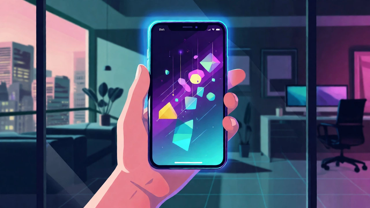 Smartphone displaying AI insurance apps glowing against a modern condo background.