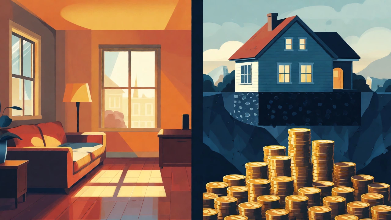 Split image contrasting cozy apartment with sinking house and gold coins
