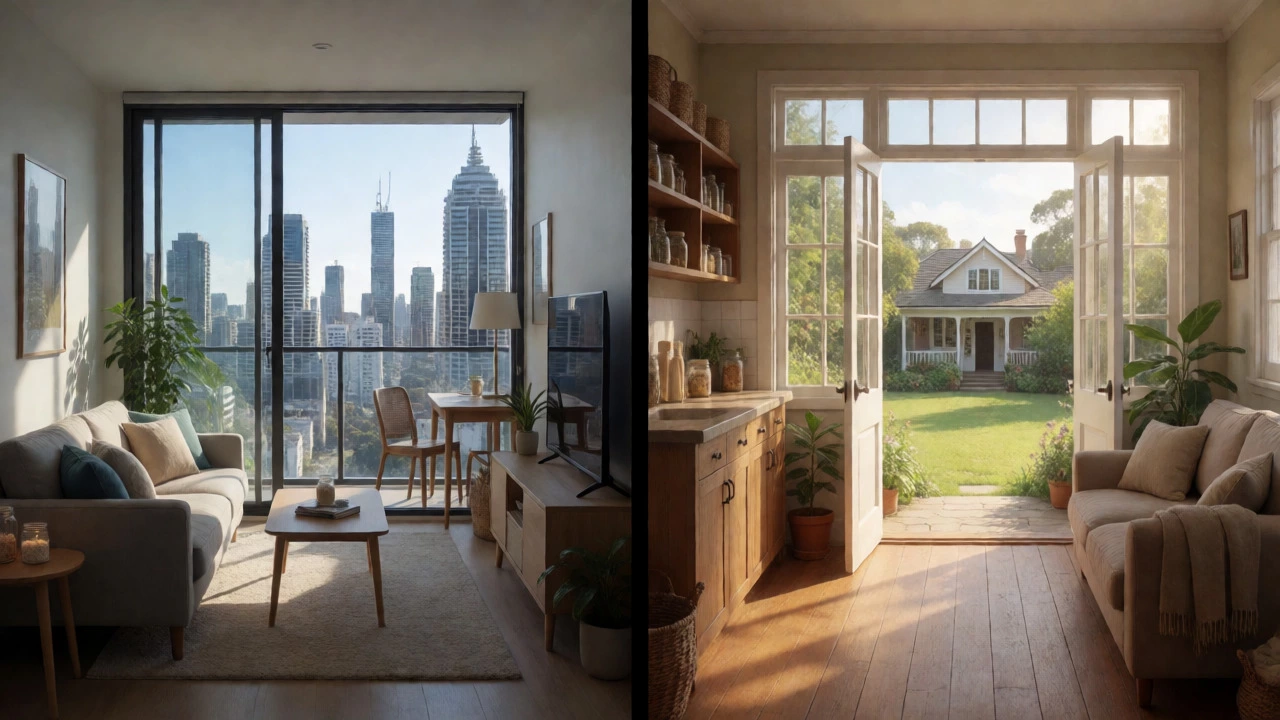 Split view comparing expensive city apartment living with affordable regional home life.