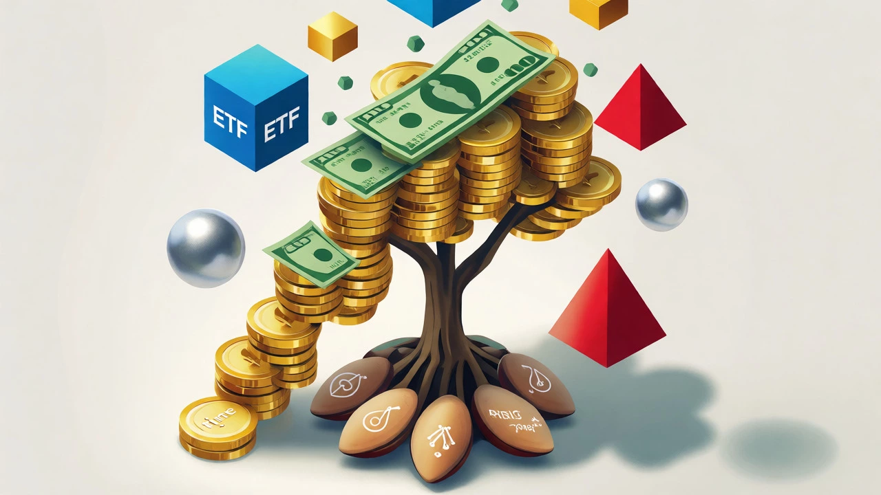 3D illustration of a tree made of coins growing from seeds surrounded by asset shapes.