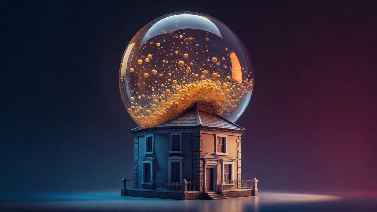Conceptual art showing growing debt sphere weighing on a house.