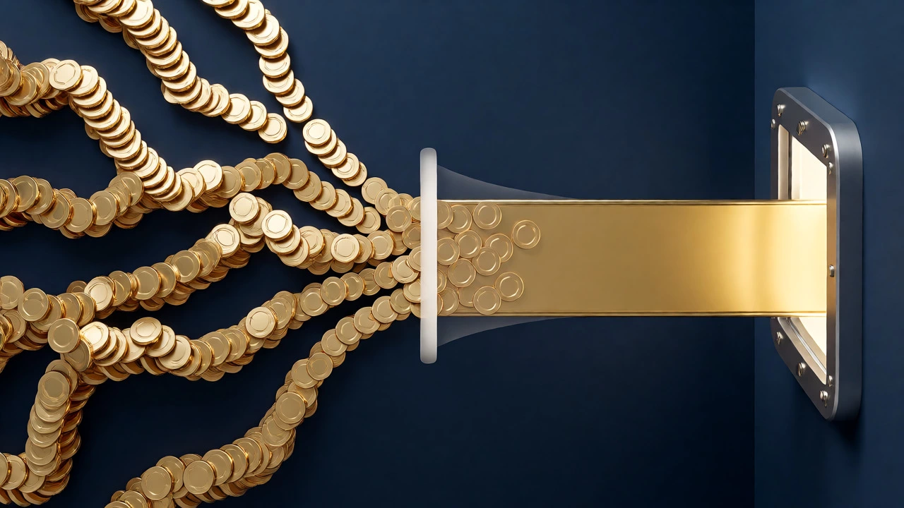 Conceptual art showing multiple coin streams merging into one path