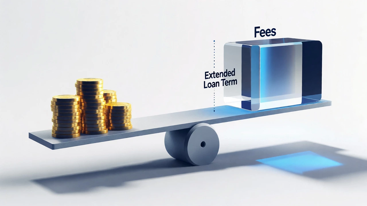 Conceptual image of a scale balancing payment savings against loan term extension risks