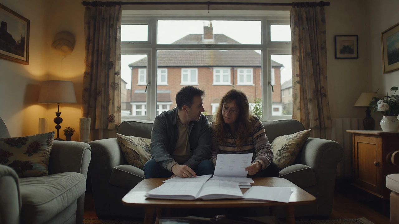 Couple reviewing mortgage paperwork in their living room