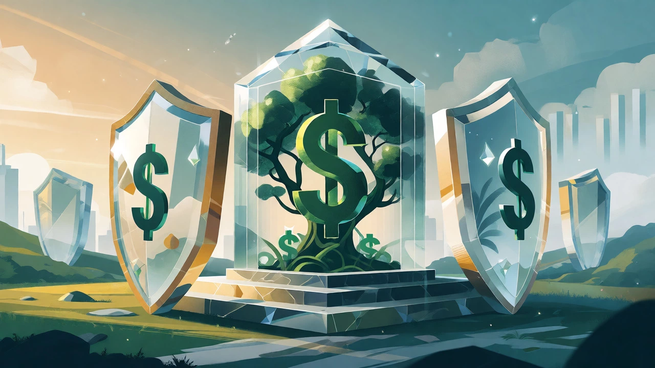 Crystal vault with three protective shields symbolizing HSA triple tax advantages.