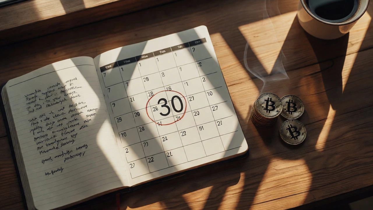 Desk with calendar marking day 30 and coins