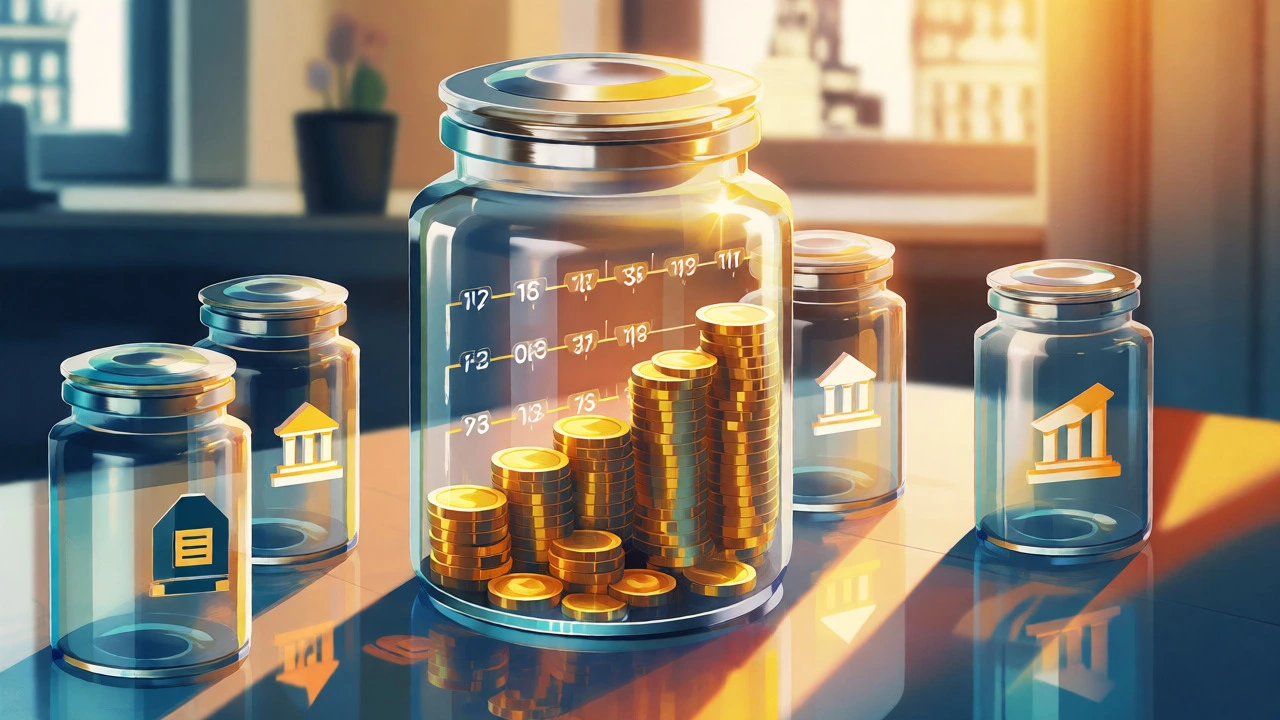 Glass jars filling with coins illustrating stacked monthly savings strategies