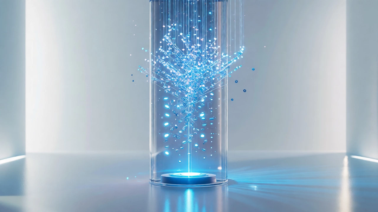 Glowing digital particles multiplying inside a glass column to show compounding.