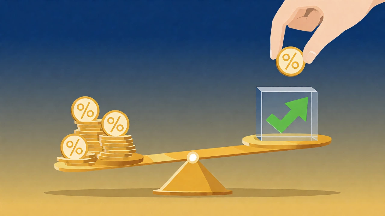 Golden scales balancing interest costs against financial rewards