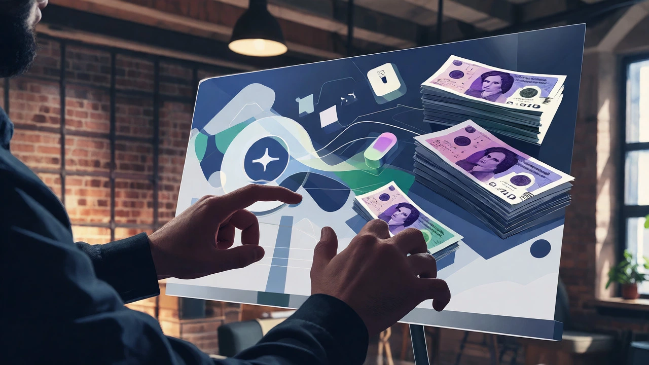 Hands visualizing crypto-to-cash conversion in a modern setting