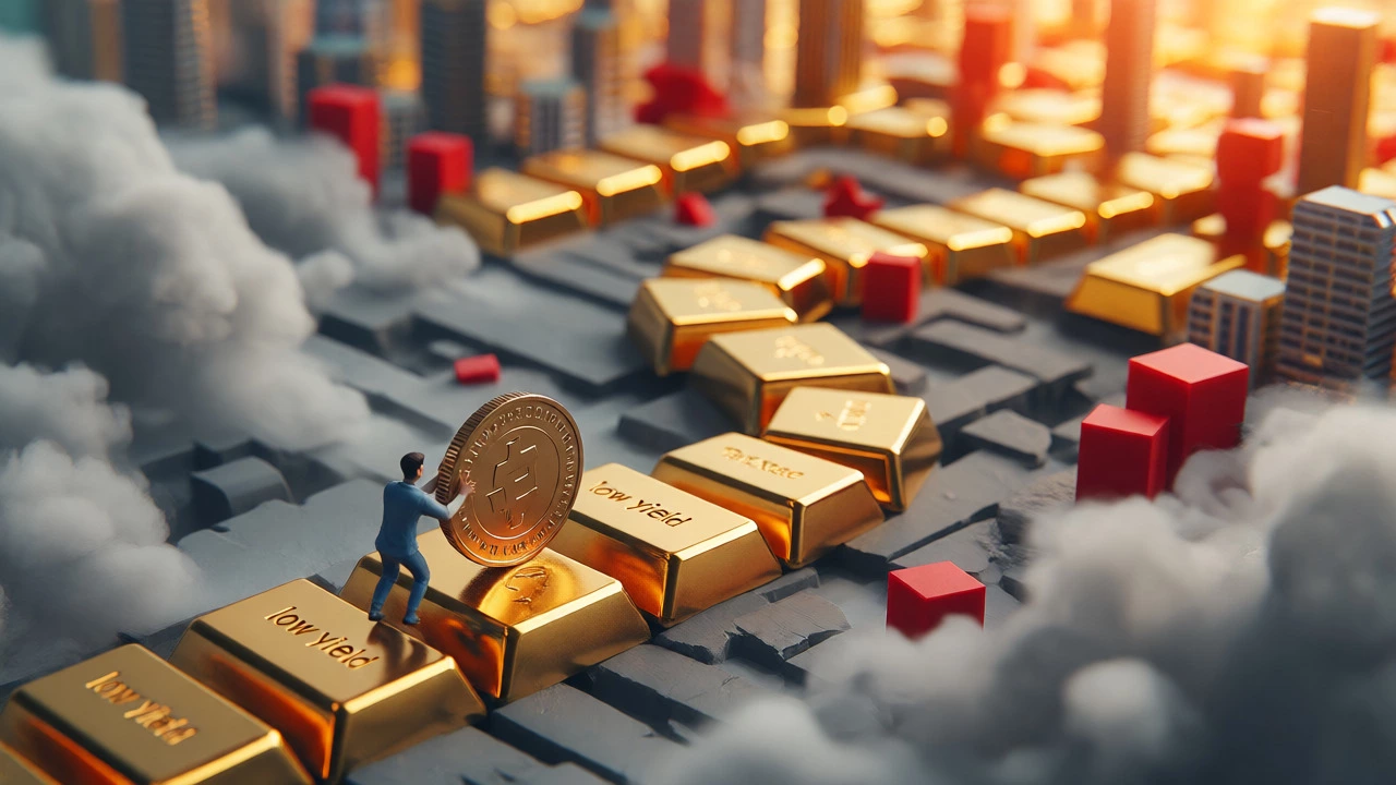 Miniature figure pushing a coin along a path from grey fog to a sunny city.