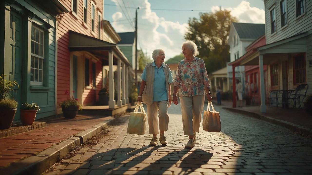 Older couple walking happily through a charming, affordable neighborhood street.