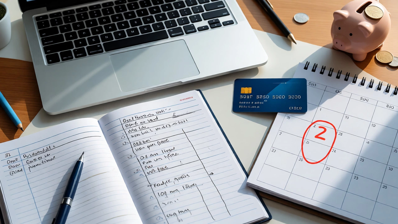 Organized desk with calendar and card showing automated payment discipline