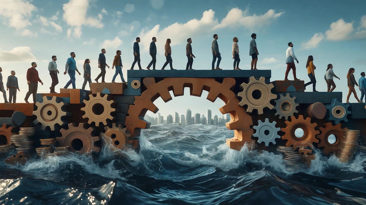 People crossing a stable bridge over turbulent water towards a bright cityscape.