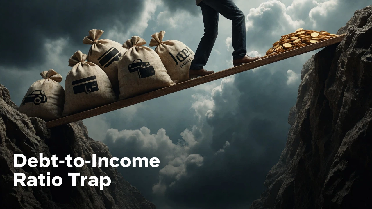 Person balancing debt and income on a plank over an abyss