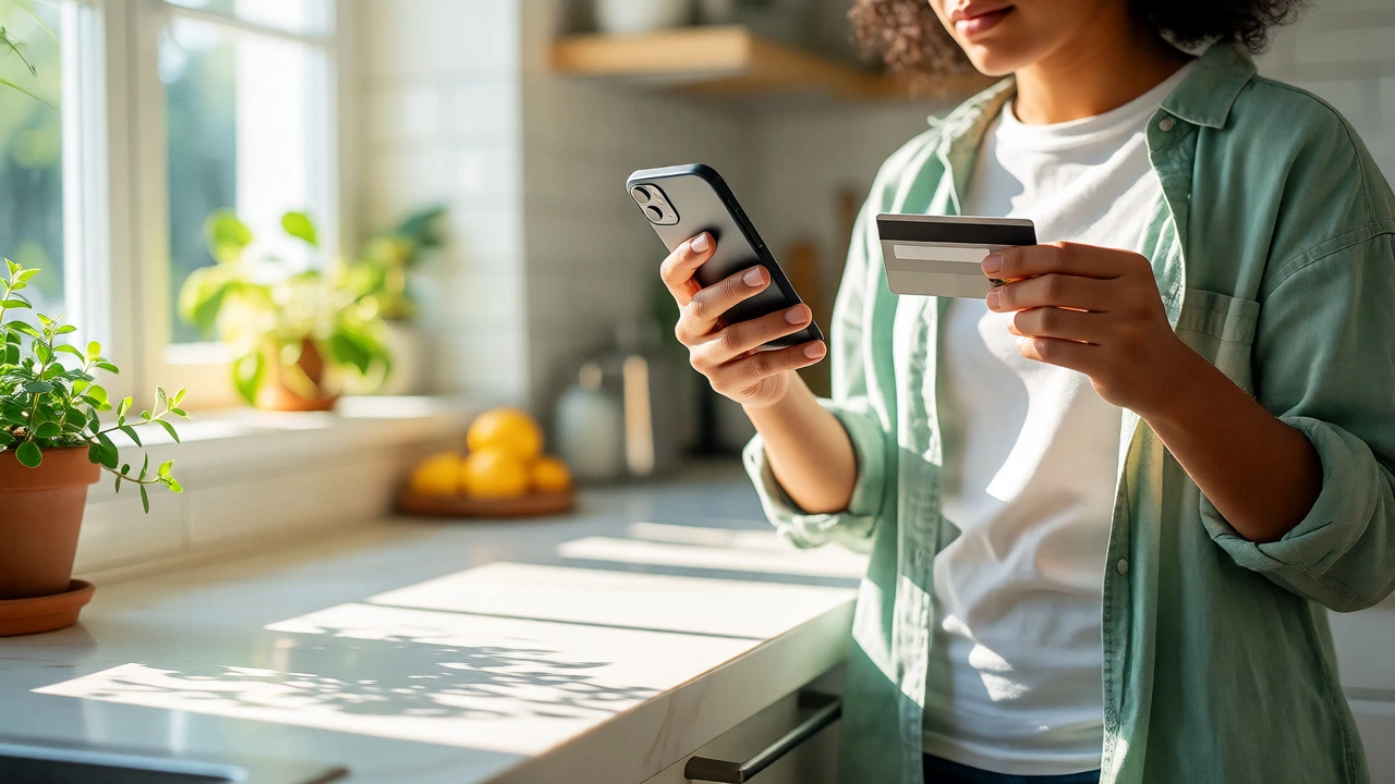 Person holding a credit card and phone in a sunlit kitchen