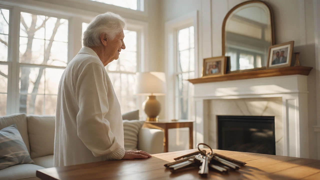Senior adult holding keys to a new home, contemplating downsizing options.