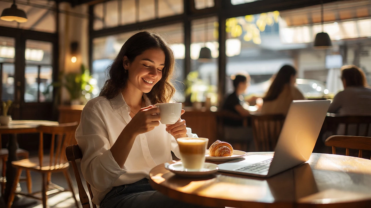 Woman relaxing with coffee guilt-free in cafe